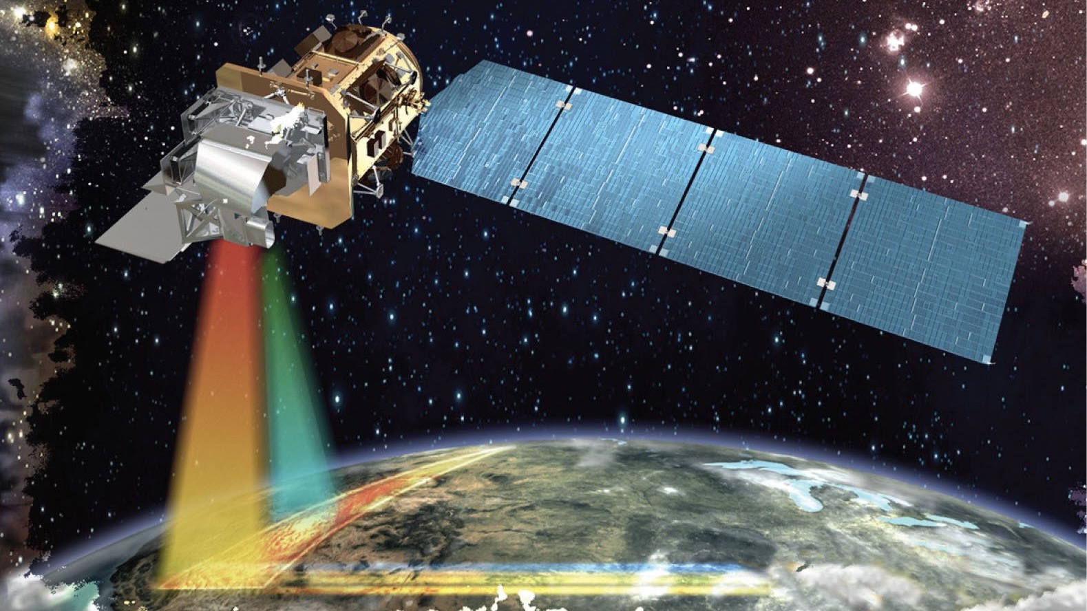 Illustration of a satellite studying Earth, with orange and blue beams representing its data-gathering work