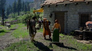 Crimson Desert clean chimney: Kliff talking to a couple outside their house in the Actions Speak Louder than Words quest.