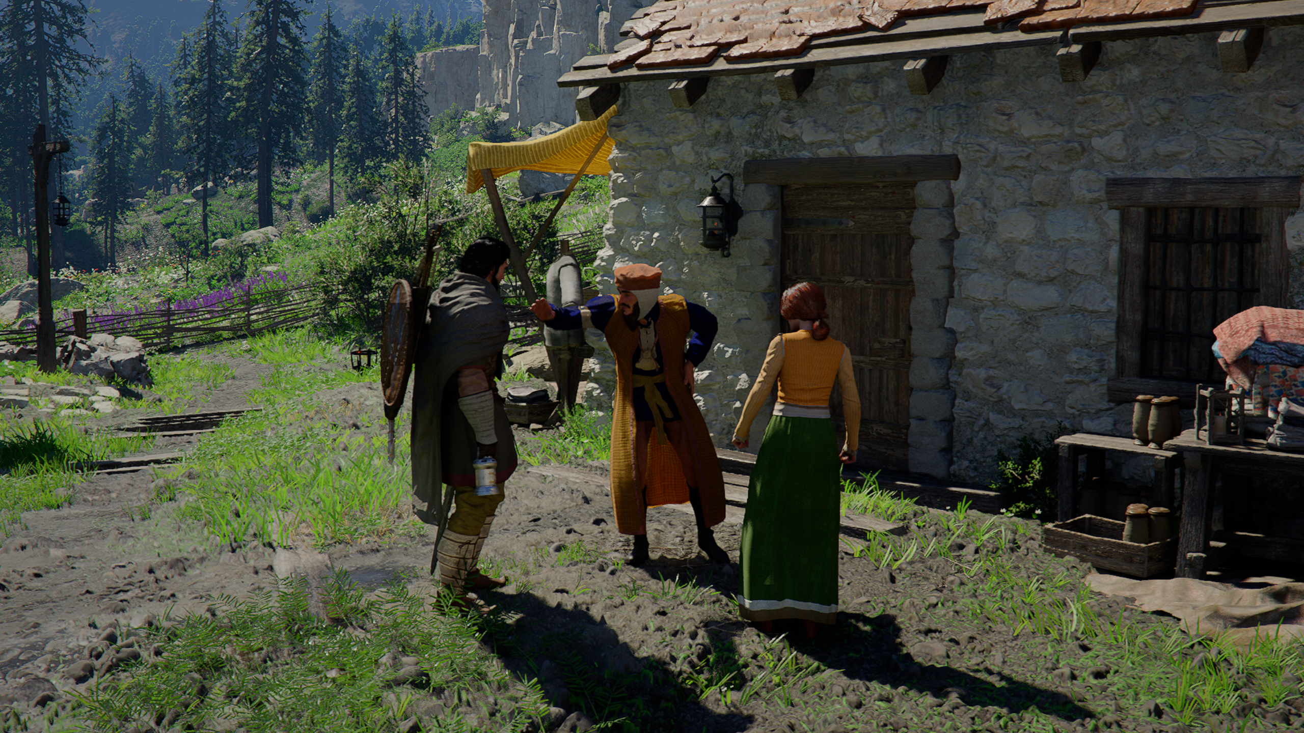 Crimson Desert clean chimney: Kliff talking to a couple outside their house in the Actions Speak Louder than Words quest.