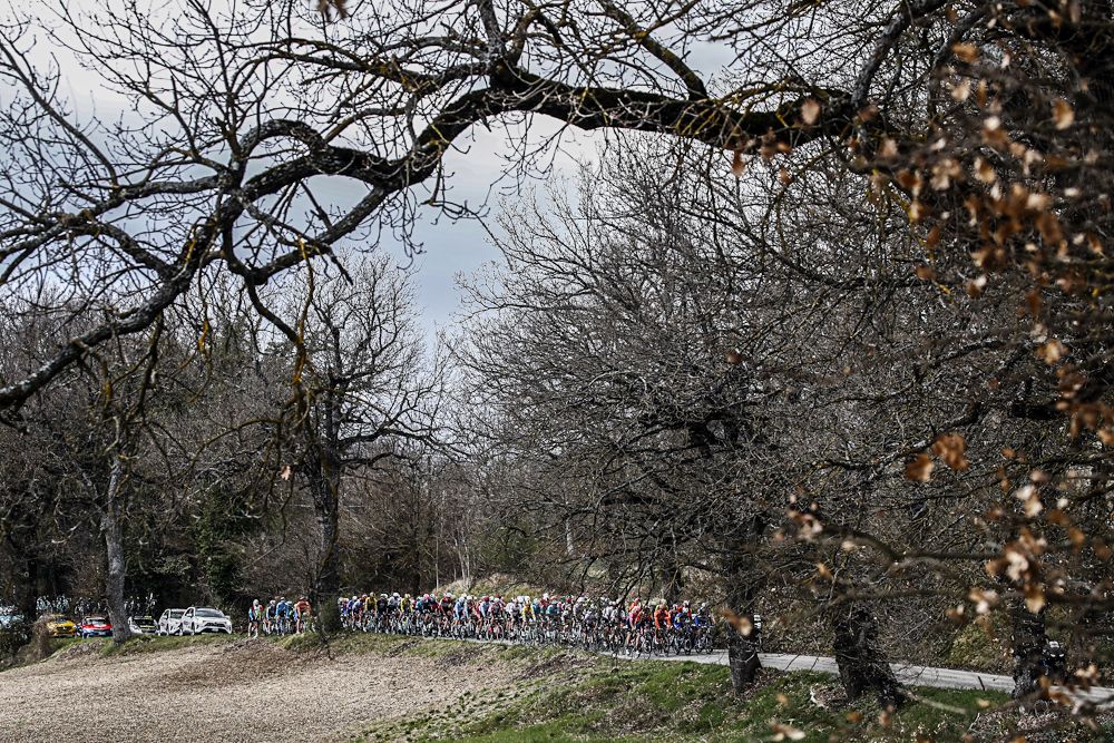 The Tirreno-Adriatico peloton in action during stage 6