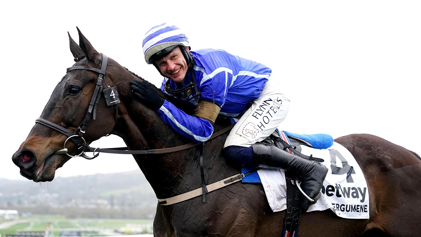 Jockey Paul Townend celebrates after winning the Betway Queen Mother Champion Chase on Energumene on day two of the Cheltenham Festival.