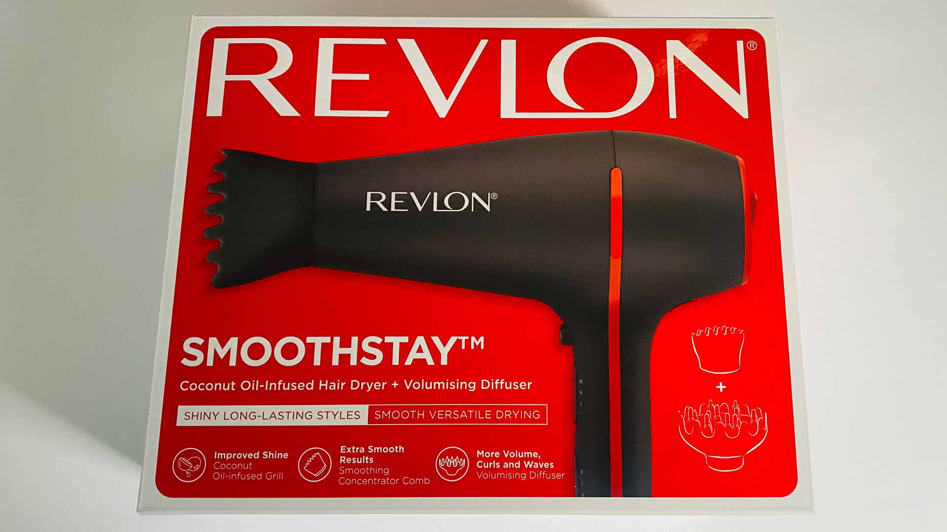 The Revlon SmoothStay Coconut-Oil Infused Hair Dryer box