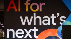 A photo of a huge wall mural on the Google Cloud Next 2025 expo hall reading 'AI for what's next'.