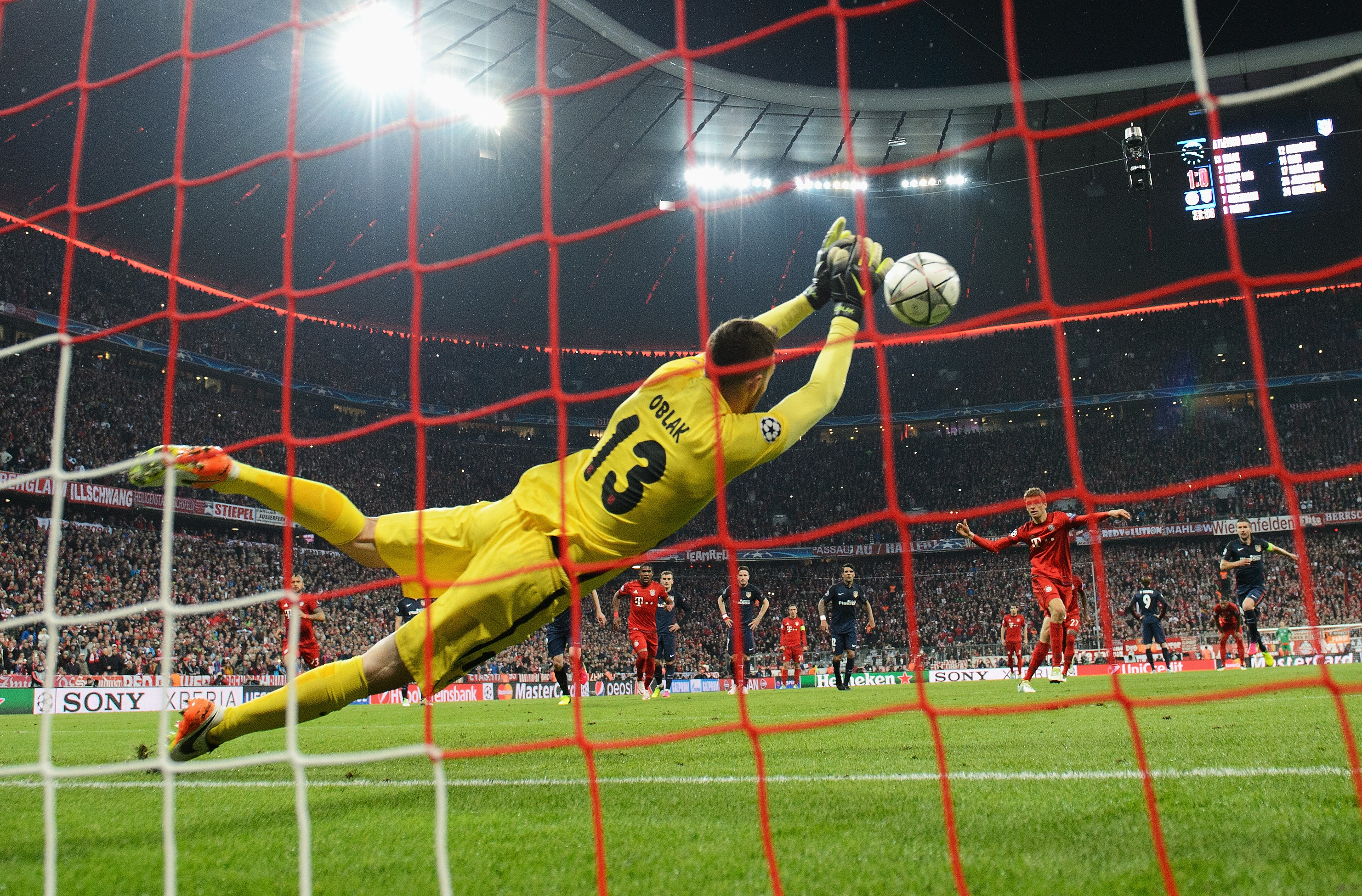 Atletico Madrid goalkeeper Jan Oblak saves a penalty from Bayern Munich's Thomas Muller in the Champions League in 2016.