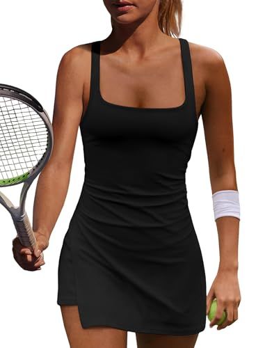 Wenlia Women's Athletic Tennis Dress Separate Shorts and Built in Bra Low Back Cutout Workout Activewear With Pockets Black