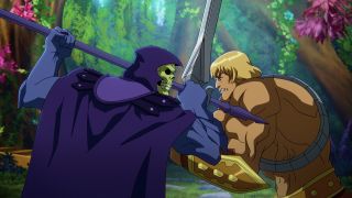 He-Man (Chris Wood) and Skeletor (Mark Hamill) fight in Masters of the Universe: Revelation on Netflix