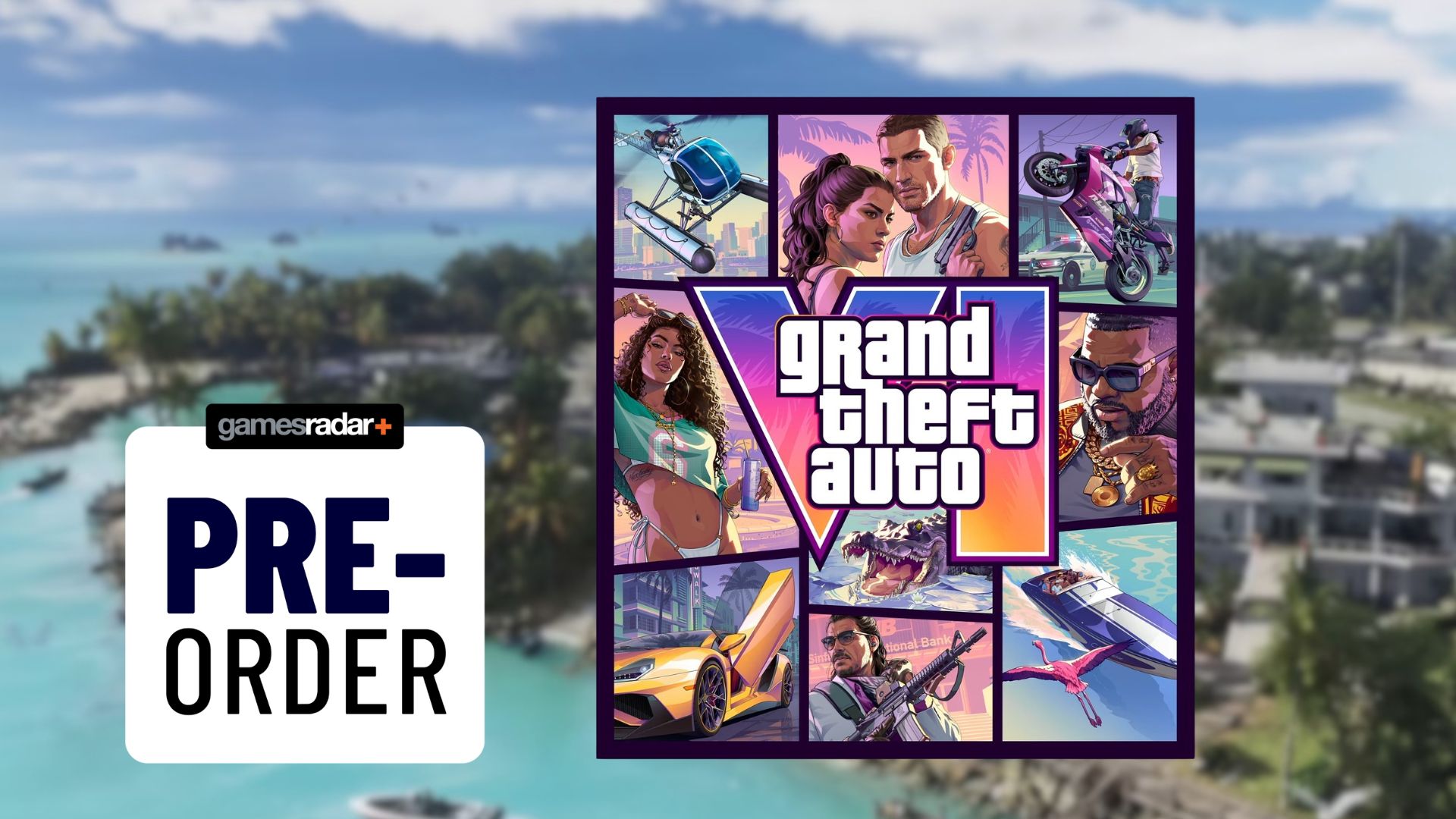 A GTA 6 pre-order image over a blurred scene from the game's second trailer