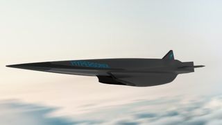 A sleek hypersonic vehicle streaking through the clouds