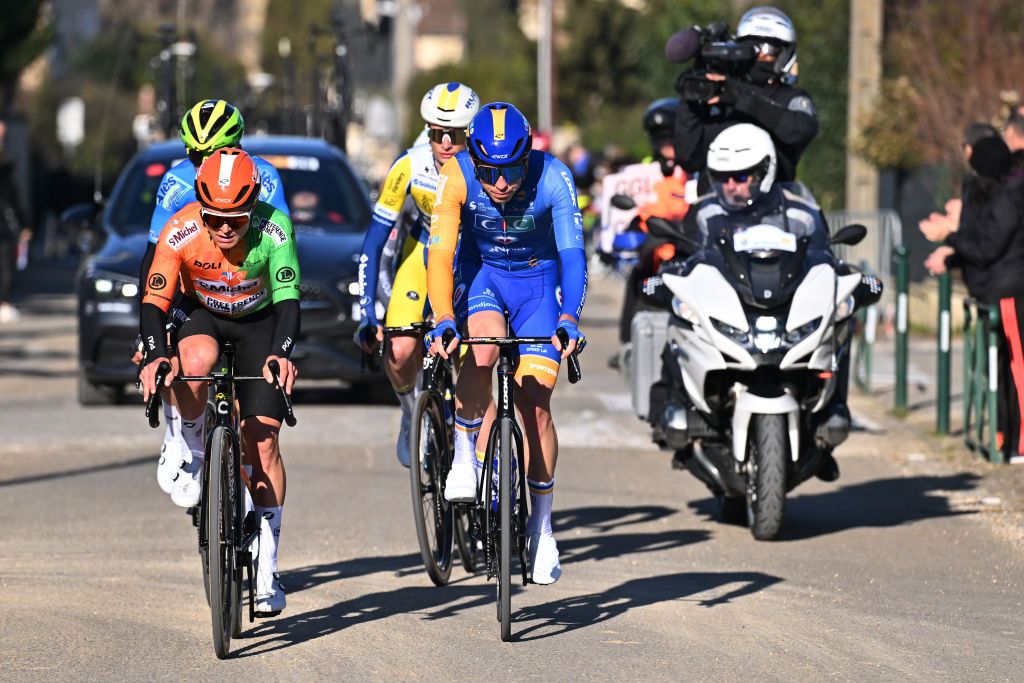 MARGUERITTES FRANCE FEBRUARY 06 LR Yohann Simon of France and Team St Michel Preference Home Auber93 and Mael Guegan of France and Team CIC U Nantes compete in the breakaway during the 55th Etoile de Besseges Tour du Gard 2025 Stage 2 a 16583km stage from Domessargues to Marguerittes on February 06 2025 in Marguerittes France Photo by Billy CeustersGetty Images