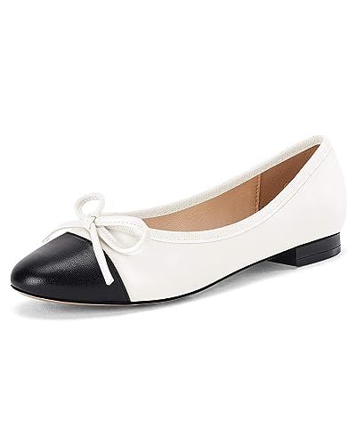 Coutgo Womens Cap Toe Ballet Flats Bow Pointed Toe Slip On Office Work Comfort Dress Party Flat Shoes White