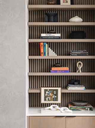 open bookshelf with wood slats