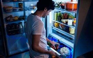 a refrigerator with a blue light crisper