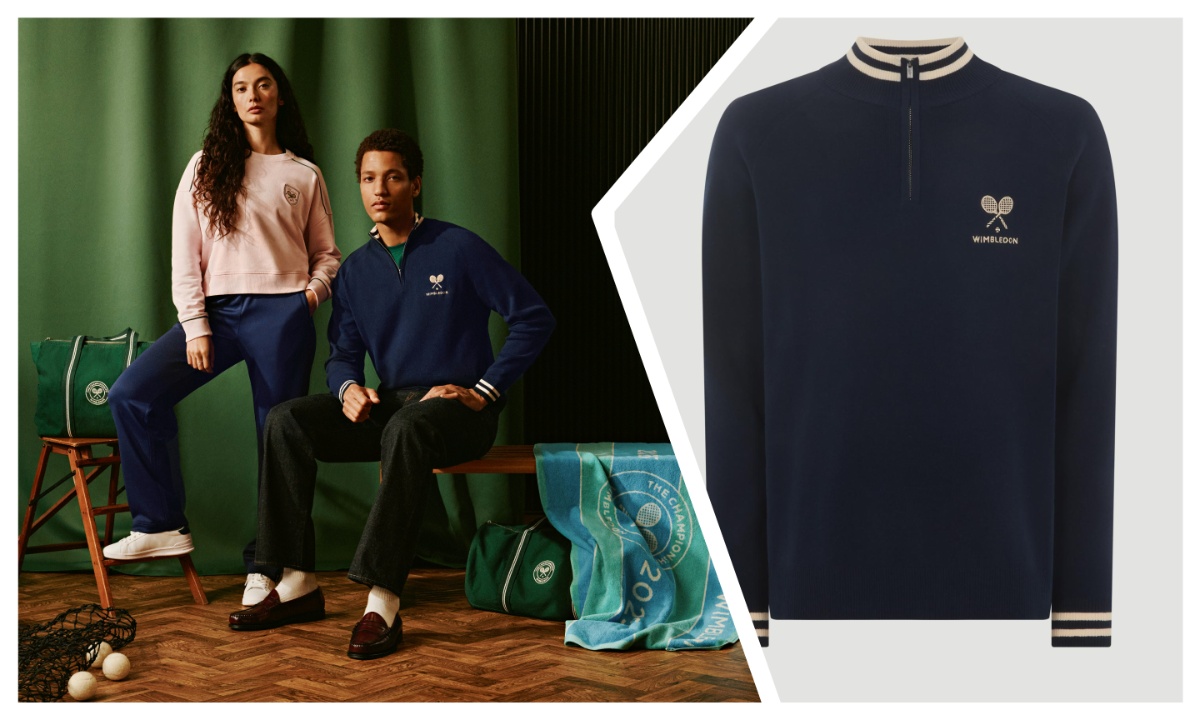 an image of two pictures interlocking. The left hand image is a lifestyle picture showing a young woman and man modeling the new Wimbledon range. They are indoors in a studio with a wooden floor and green curtain backdrop. The man is sitting on a wooden bench and the woman is standing next to him. The right hand image shows a close up product shot of the navy Wimbledon 1/4 zip