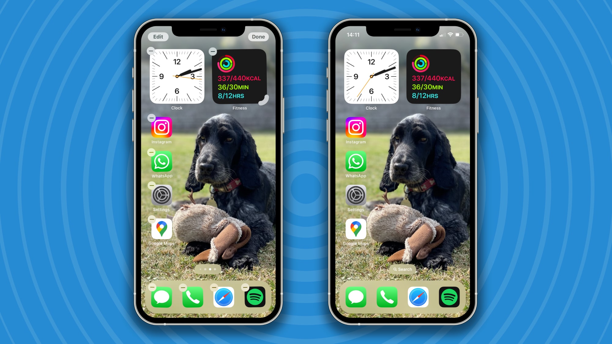 Multiple iPhones on a blue background, each showing different ways to edit the home screen in iOS 18.