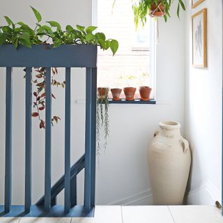 Staircase bannister with plants along it and large urn on stairs