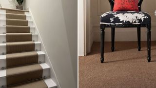 a stair runner and brown hallway carpet