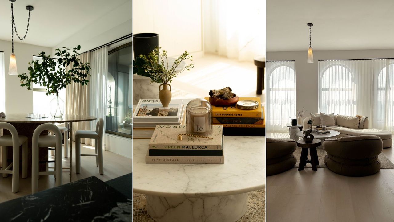 Three images of a New York City apartment designed by Brittaney Elise