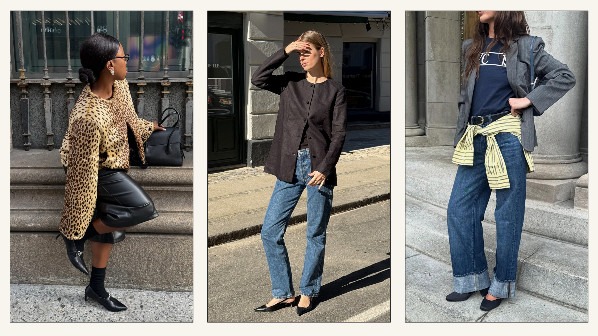 Collage of influencers wearing black closed-toe low-heels with jeans and shorts.