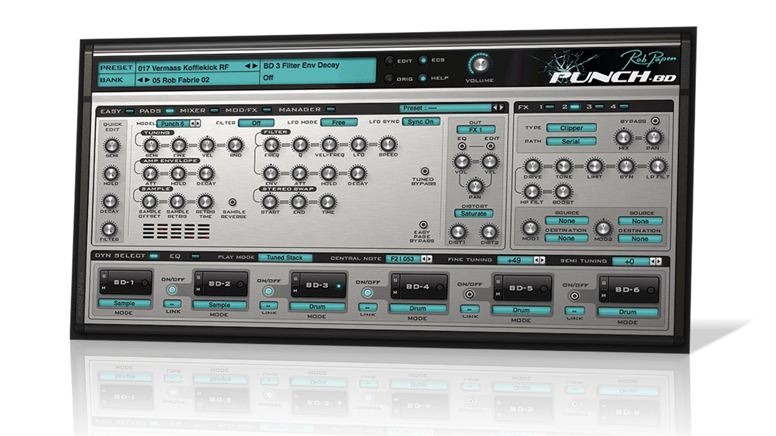 A Punch BD patch is built on six pads, which can be stacked, assigned to separate notes, or triggered in cycling sequence