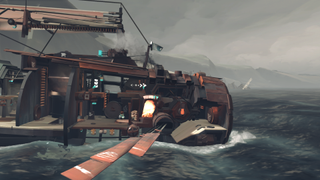 Far: Changing Tides screenshot showing a rusty, cylindrical boat on rough water.