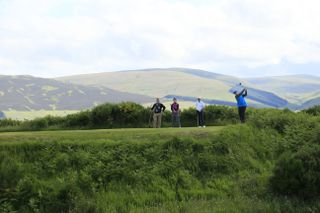 Peter Jones on the tee of the long par-3 11th at the King's Course, Gleneagles