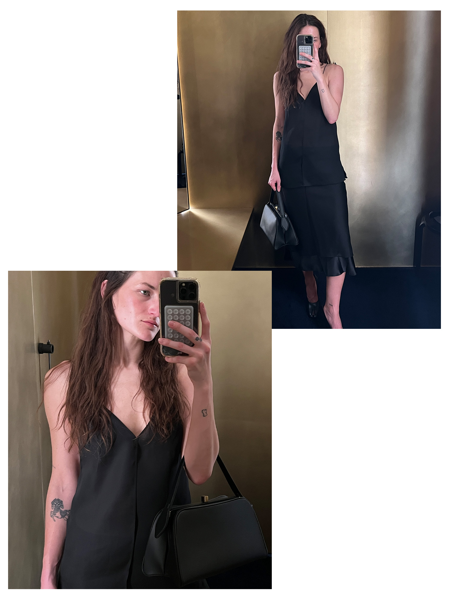 Two photos of Eliza Huber trying on a draped black camisole and matching skirt from Khaite's Upper East Side store's dressing room.