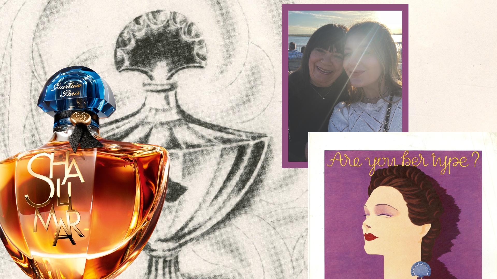 collage of guerlain shalimar ads through the years with a picture of a girl and her grandmother