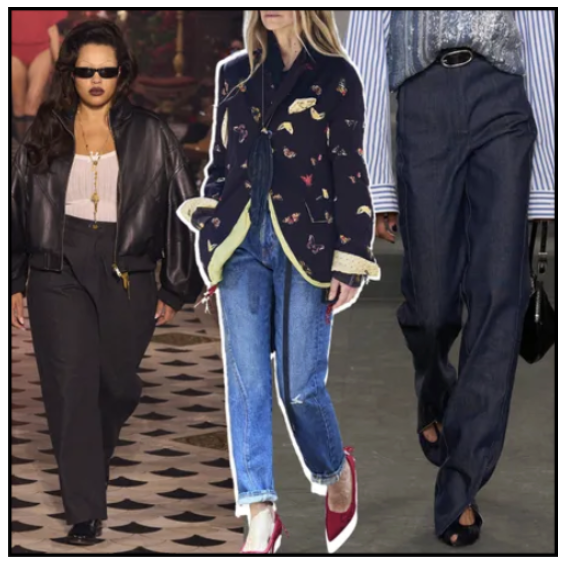 collage of women on the runway wearing denim 