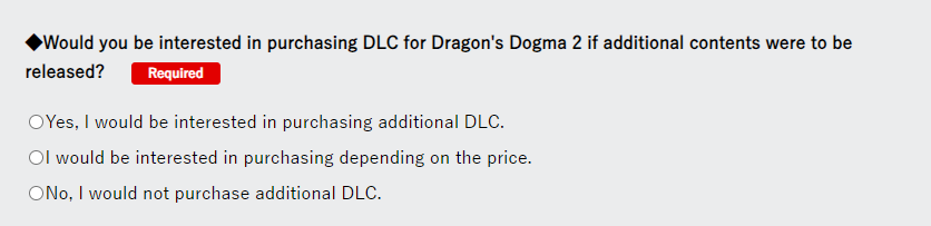 An image showing a multiple question survey answer about whether the reader would purchase DLC or not.