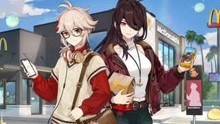 Genshin Impact McDonald&#039;s art featuring Kazuha and Beidou in casual outfits