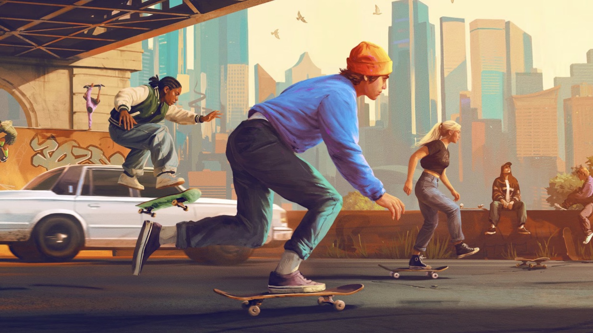 Key art for Skate: A stylized colorful image featuring skaters skating under a busy city bridge. Skyscrapers are seen in the background
