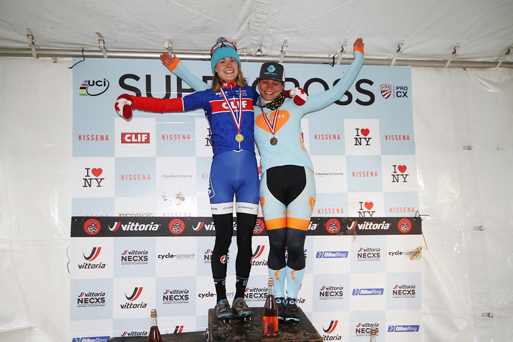 Women&rsquo;s podium: first place, Maghalie Rochette (CLIF Pro Team) third place, Rebecca Fahringer (Amy D Foundation) Congrats to all of the participants