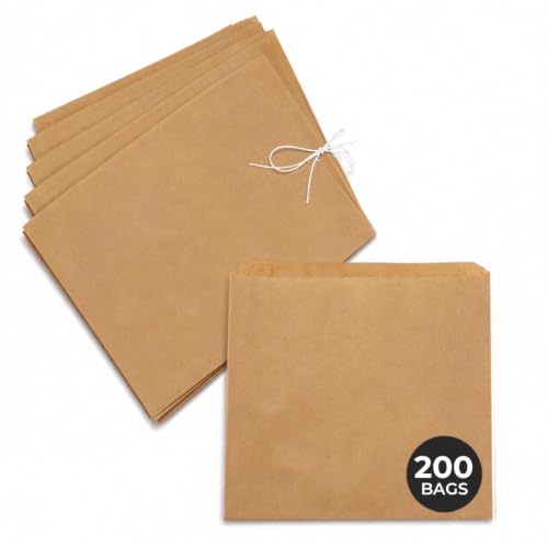 Ezkart Pack of 200 - Versatile Brown Paper Bags for Groceries, Vegetables, Bread, &amp;amp; Fruits- Ideal as Sandwich, Cake, Paper Food Bags, Pick and Mix Bags Sweet Bags (200, 7x7 Inch)