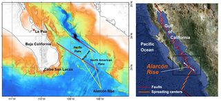 These maps show the location of the Alarcón Rise, a 31-mile-long (50 kilometer) spreading center at the mouth of the Gulf of California. Along ocean spreading ridges like the Alarcón Rise, the seafloor is splitting apart as lava wells up from underneath.