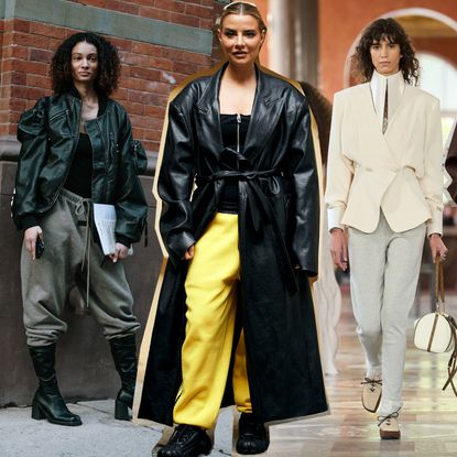 best sweatpants: a collage of women wearing sweatpants at fashion week and a Louis Vuitton Spring 2026 model wearing gray sweatpants