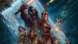 Art for the video game Star Wars: Knights of the Old Republic. Illustration of a group of people ready for battle with spaceships whizzing around in space in the background. At the forefront of the group is a female Jedi who is holding her green lightsaber up high. wielding lightsabers. Next to her is a man holding a weapon out in front of him. Then next to him is a blue/purple haired and skinned humanoid female alien wielding a lightsaber/staff. Behind all of them is a big, impressive character wearing a full face mask, hooded black robes and holding a red lightsaber up high.