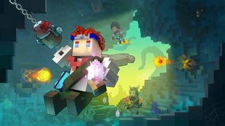 Free games like Minecraft - Trove - a character heroically swings around in a cave with other heroes battling behind them