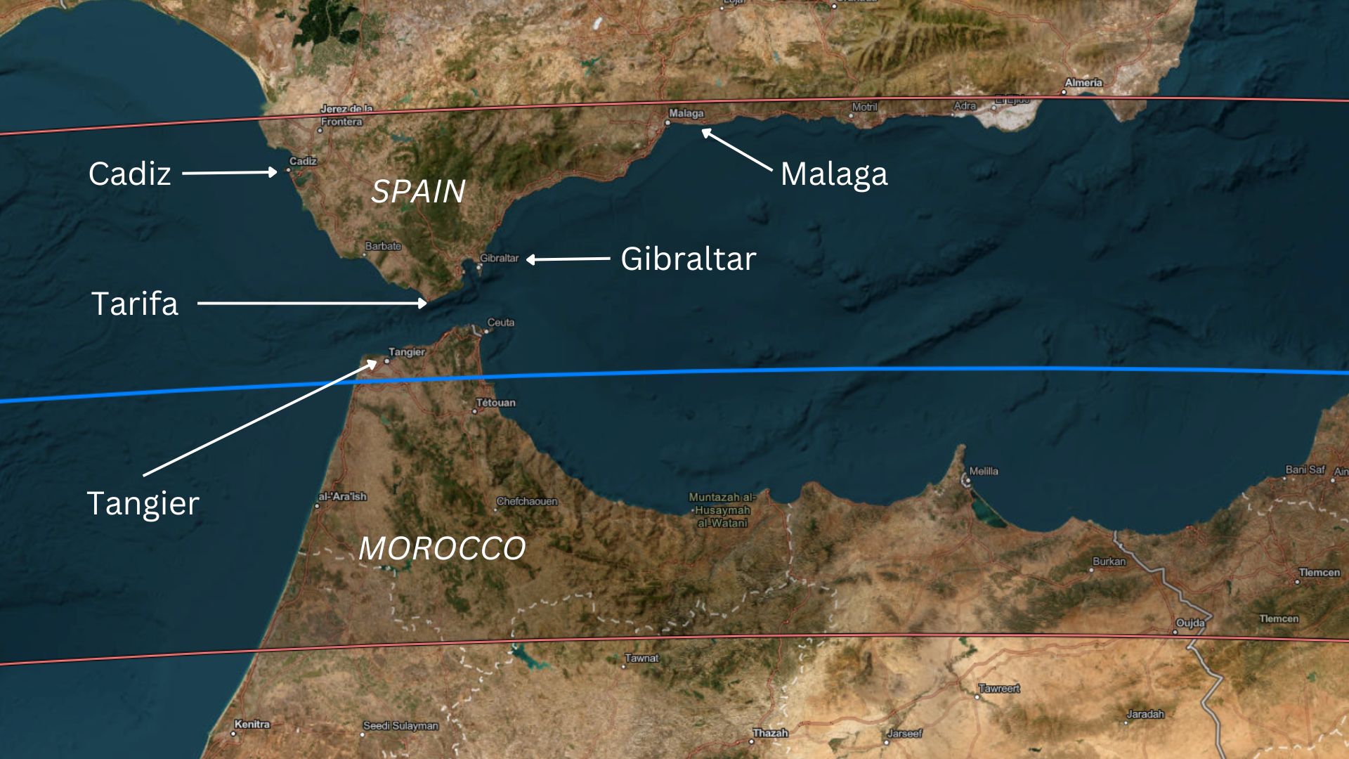 A map showing the path of the total solar eclipse passing over the northern tip of Morocco and the southern tip of Spain at Tarifa.