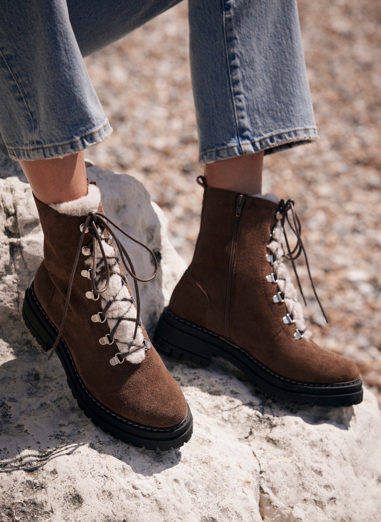 Beige suede hiking boots