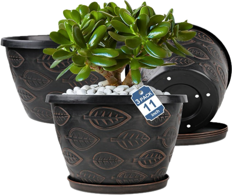 a set of three black plant pots with rustic brown leaf patterns