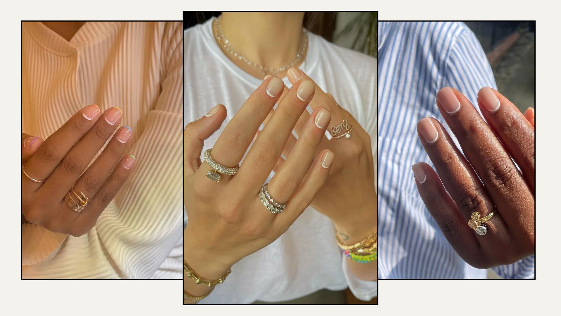 A collage of reverse French tip manicure nail designs