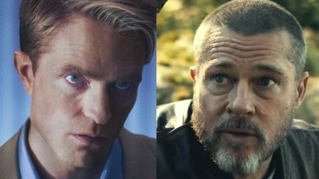 Side by side: Blonde Robert Pattinson wearing tan suit as Chris Harrison glaring in poster for Primetime; Brad Pitt with short hair and greying beard in the woods in Heart of the Beast