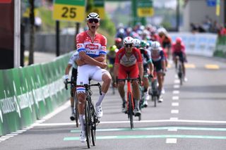 PFAFFNAU SWITZERLAND JUNE 08 Mathieu Van Der Poel of Netherlands and Team AlpecinFenix celebrates at arrival during the 84th Tour de Suisse 2021 Stage 3 a 185km stage from Lachen to Pfaffnau 509m UCIworldtour tds tourdesuisse on June 08 2021 in Pfaffnau Switzerland Photo by Tim de WaeleGetty Images