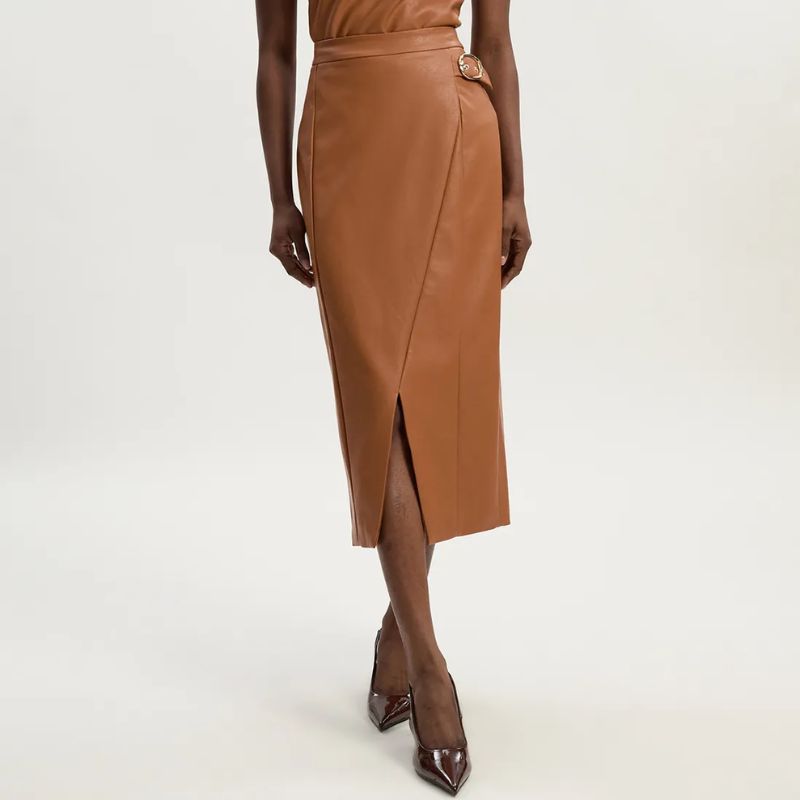 Karen Millen Faux Leather Belt Detail Skirt on model 