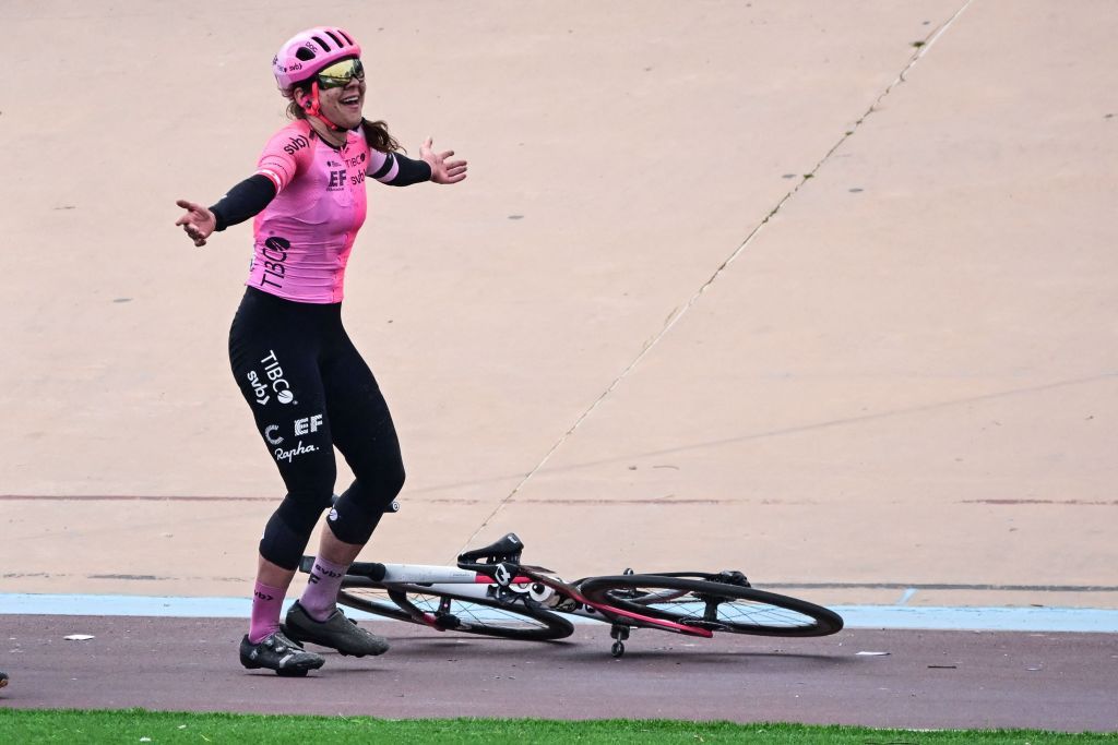Canadian Alison Jackson of EF EducationTIBCOSVB celebrates after winning the third edition of the women elite race of the ParisRoubaix cycling event 1454 km from Denain to Roubaix France on Saturday 08 April 2023 BELGA PHOTO DIRK WAEM Photo by DIRK WAEM BELGA MAG Belga via AFP Photo by DIRK WAEMBELGA MAGAFP via Getty Images