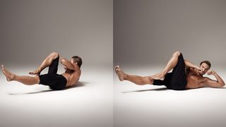 Gilles Souteyrand demonstrates two positions of the bicycle crunch