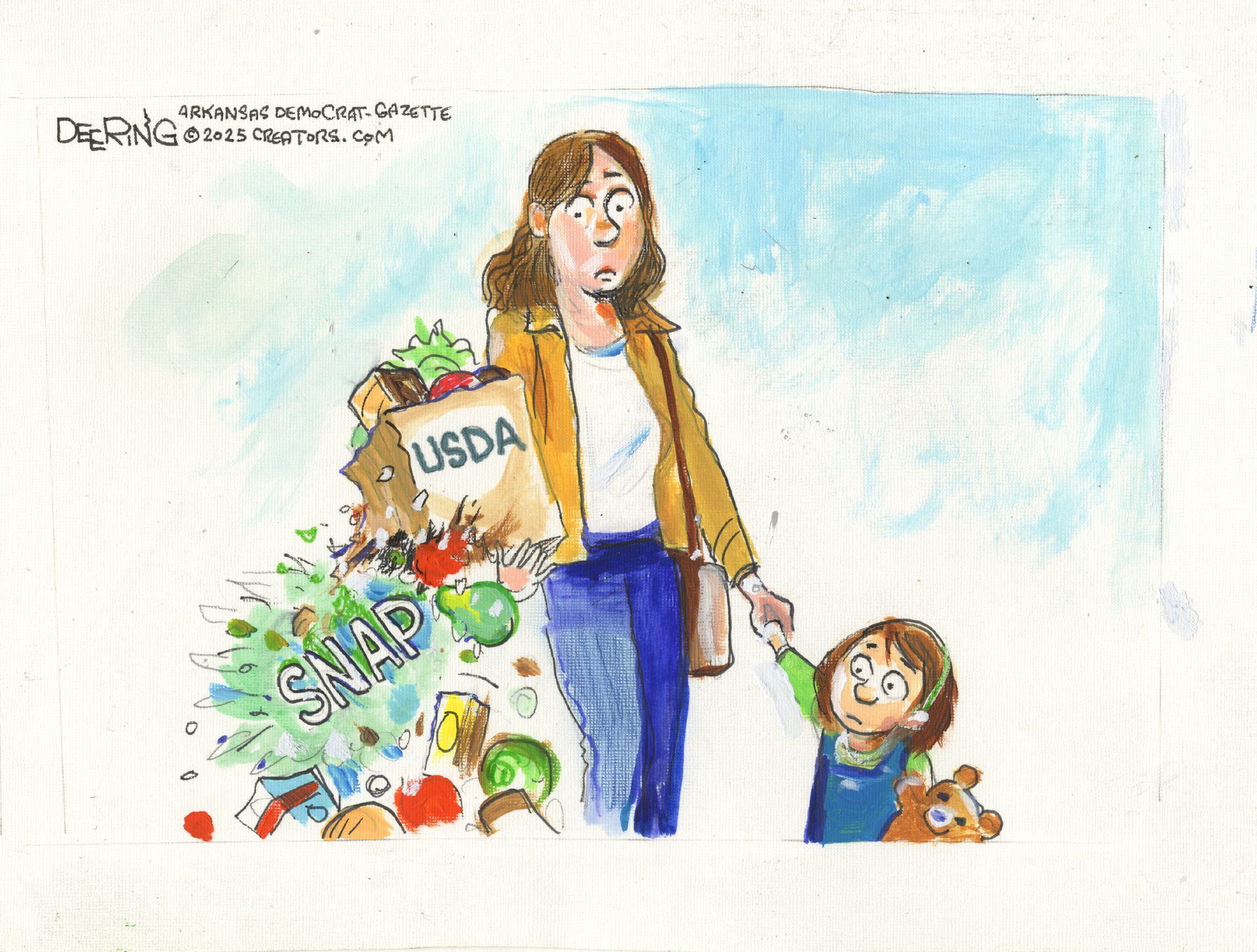 
                                This political cartoon depicts a surprised woman holding the hand of her young child, who carries a teddy-bear. The woman carries a grocery bag labeled “USDA” that has burst open with a loud “SNAP” as all of the food spills out the bottom.
                            