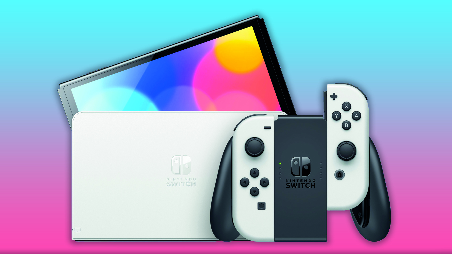 A photo of the Switch OLED on a gradient background.
