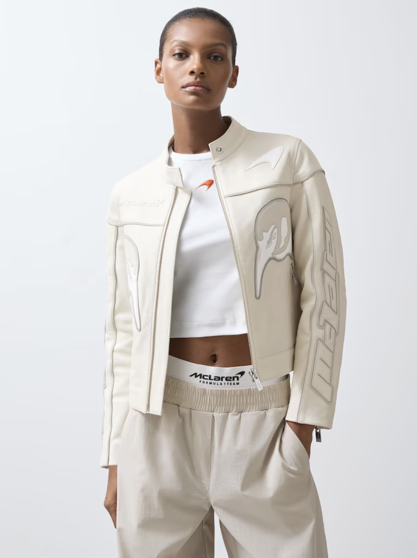 Reiss, McLaren F1 Team Leather Biker Jacket in Off White