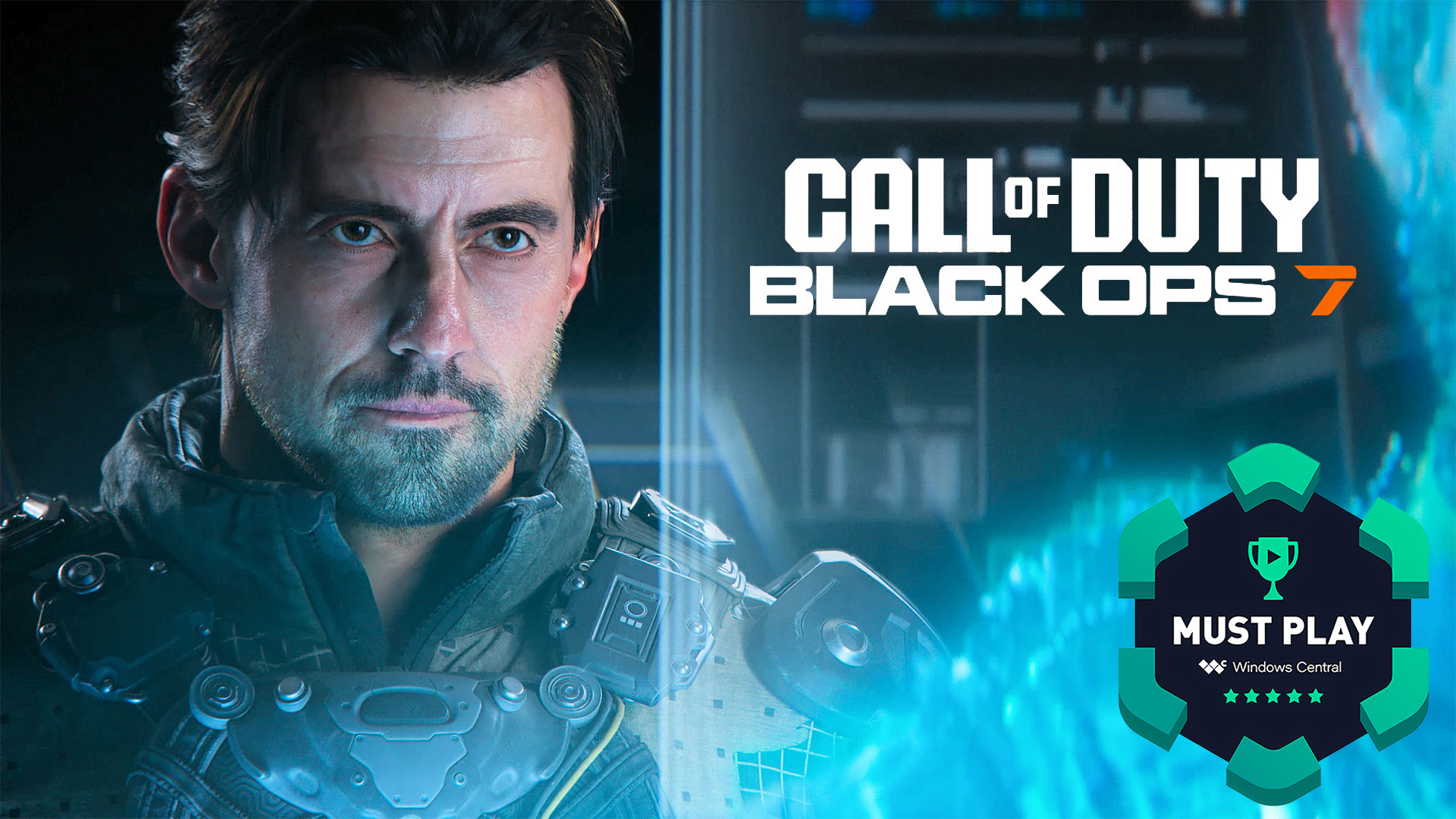 Call of Duty: Black Ops 7 screenshot with protagonist, game logo, and 'must play' award